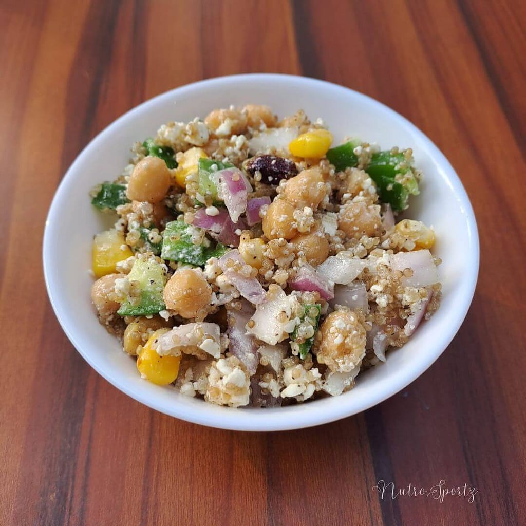 An image of quinoa chickpea salad in a bowl.