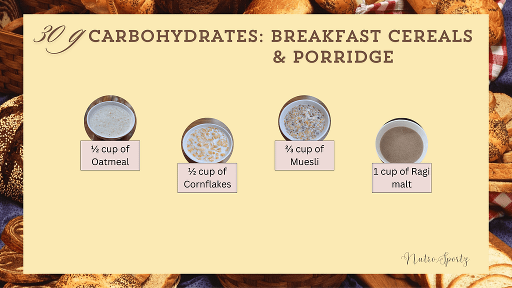 An image showing how much breakfast cereals and porridge are needed to get 30 grams of carbohydrates.