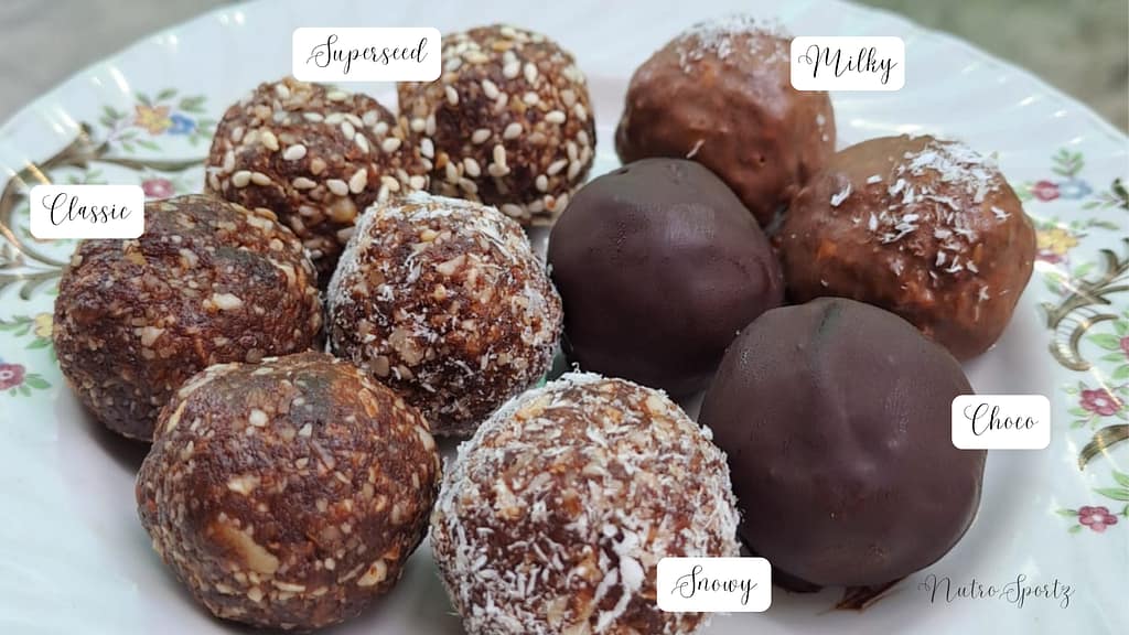 An image of dates ladoo with 5 variations.