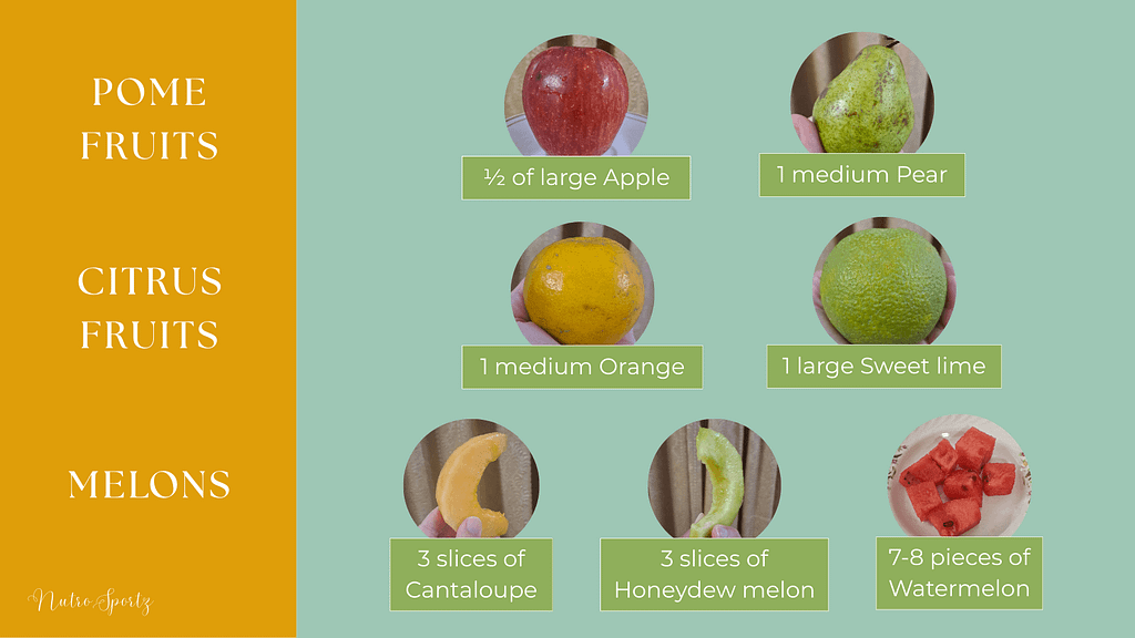 An infographic about one serving of pome fruits, citrus fruits, and melons.