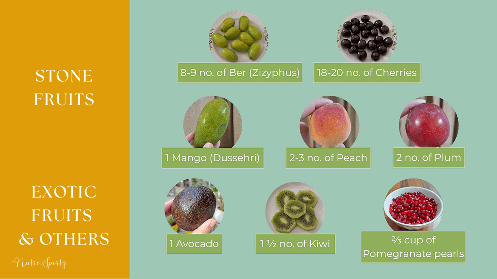 An infographic about one serving of stone fruits, exotic fruit, and pomegranate.
