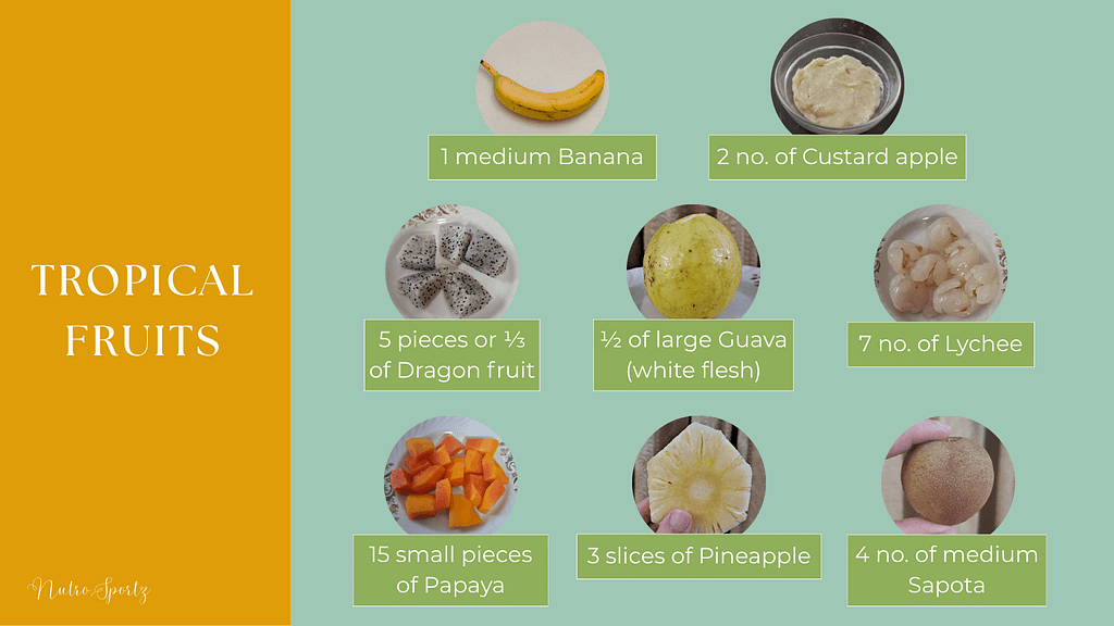 An infographic about one serving of tropical fruits.