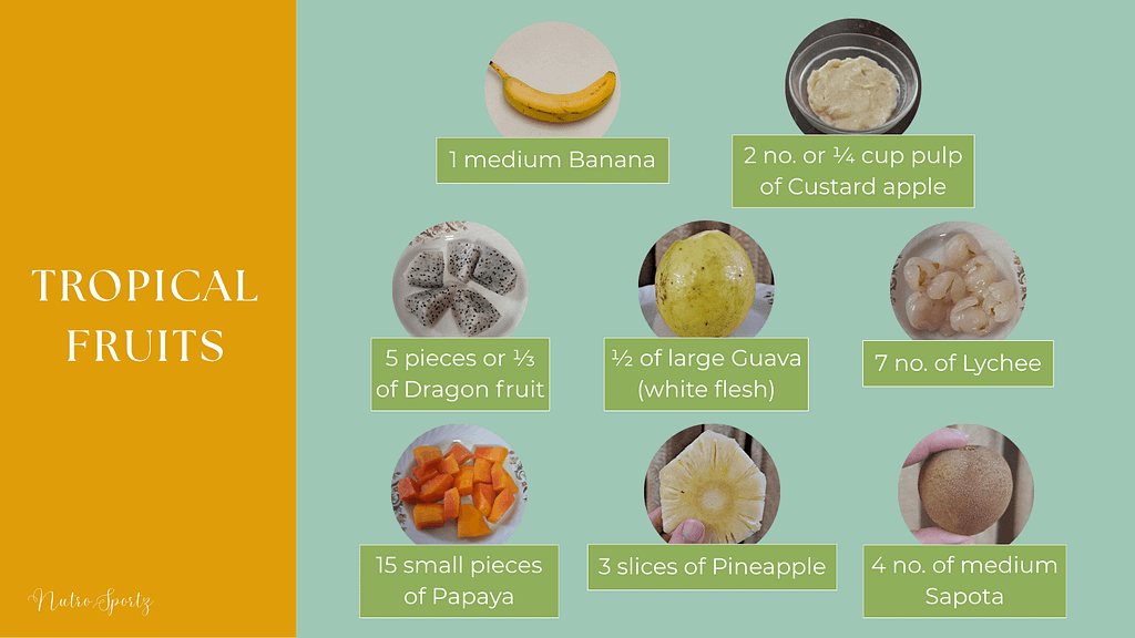 An infographic about one serving of tropical fruits.