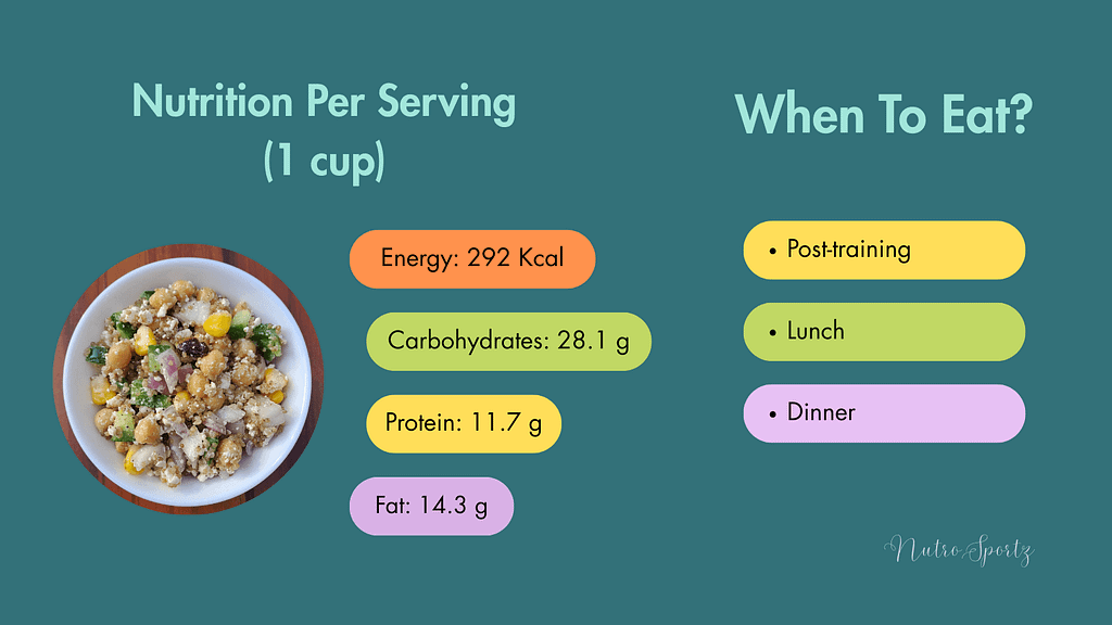 An infographic about nutrition per serving of quinoa chickpea salad.