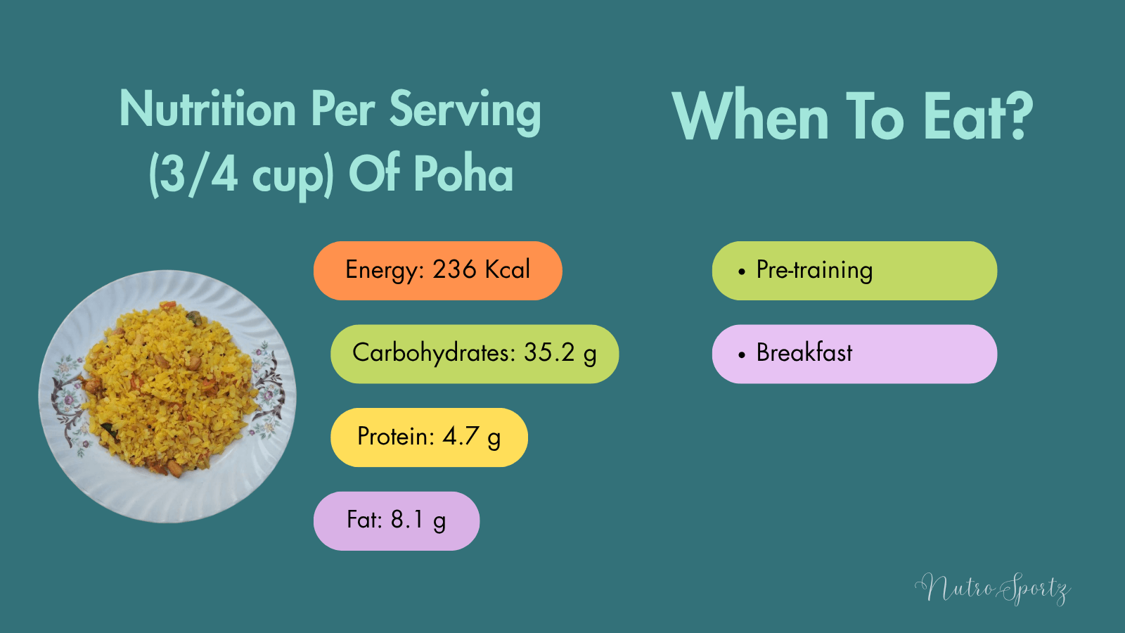 An infographic about nutrition per serving of easy poha recipe.