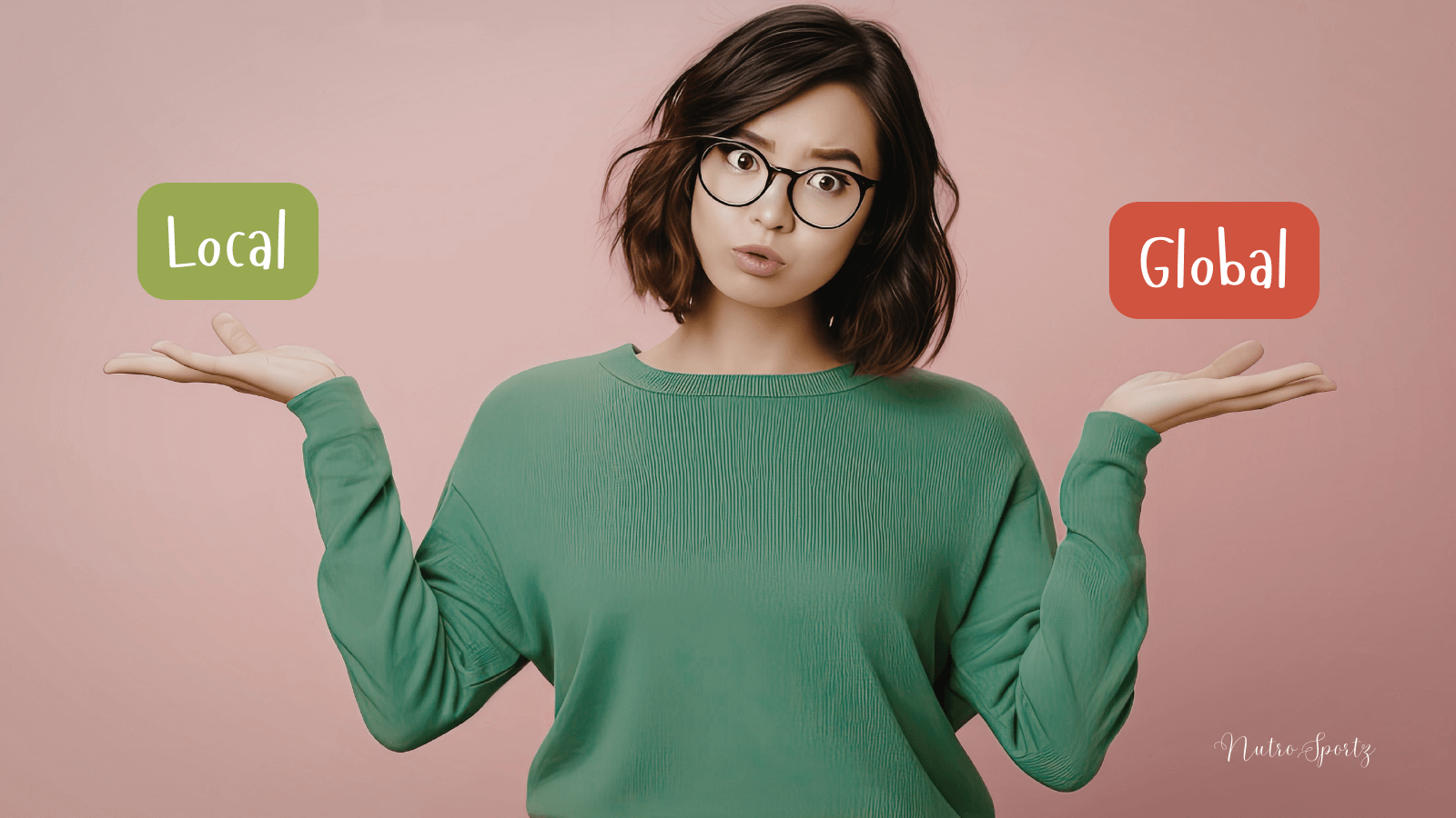 An image of a person confused about which to choose- local food or global food.