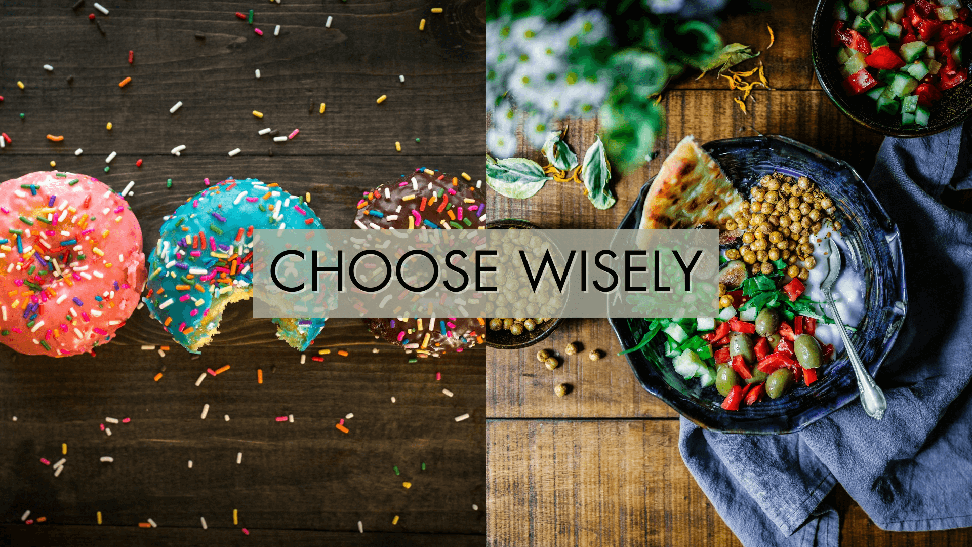 An image is split into two: one shows treats and the other shows a healthy option.