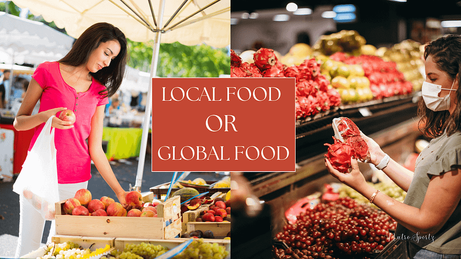 A split image of local food and global food.